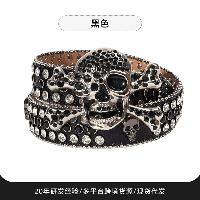 Wholesale Thick imitation leather belt with rhinestone alloy belt and trendy skull belt